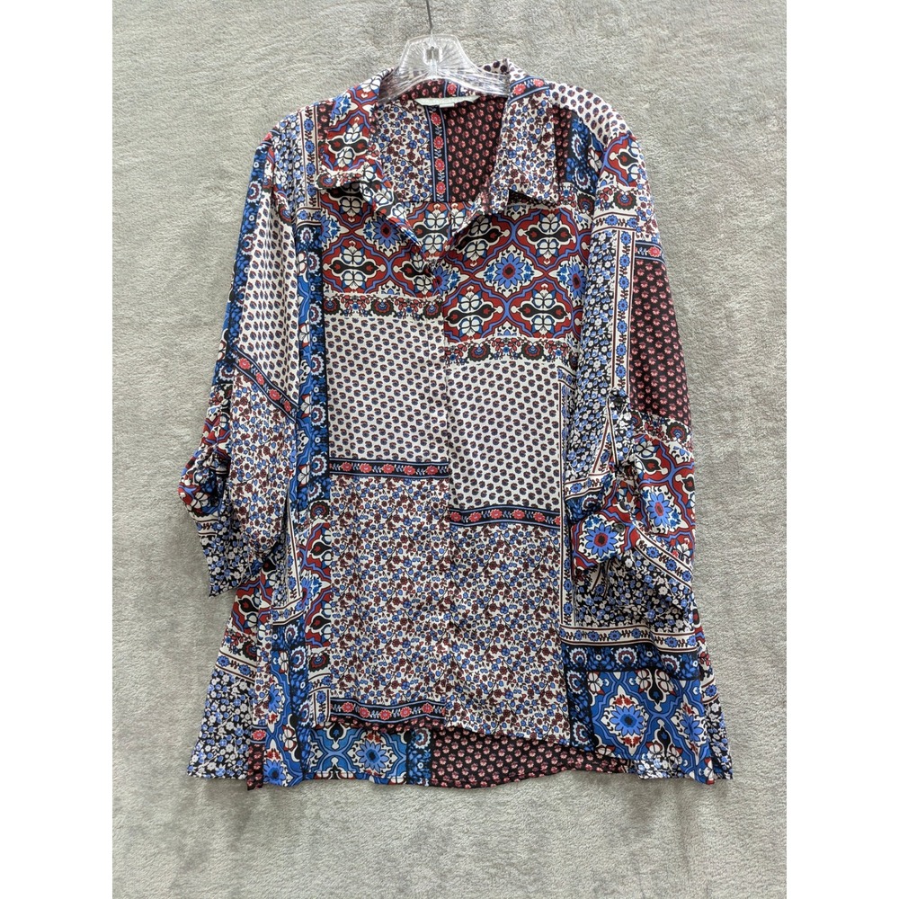 Boho Patchwork Print Button Down Shirt Women 2X Roll‎ Tab Sleeve Floral Tunic